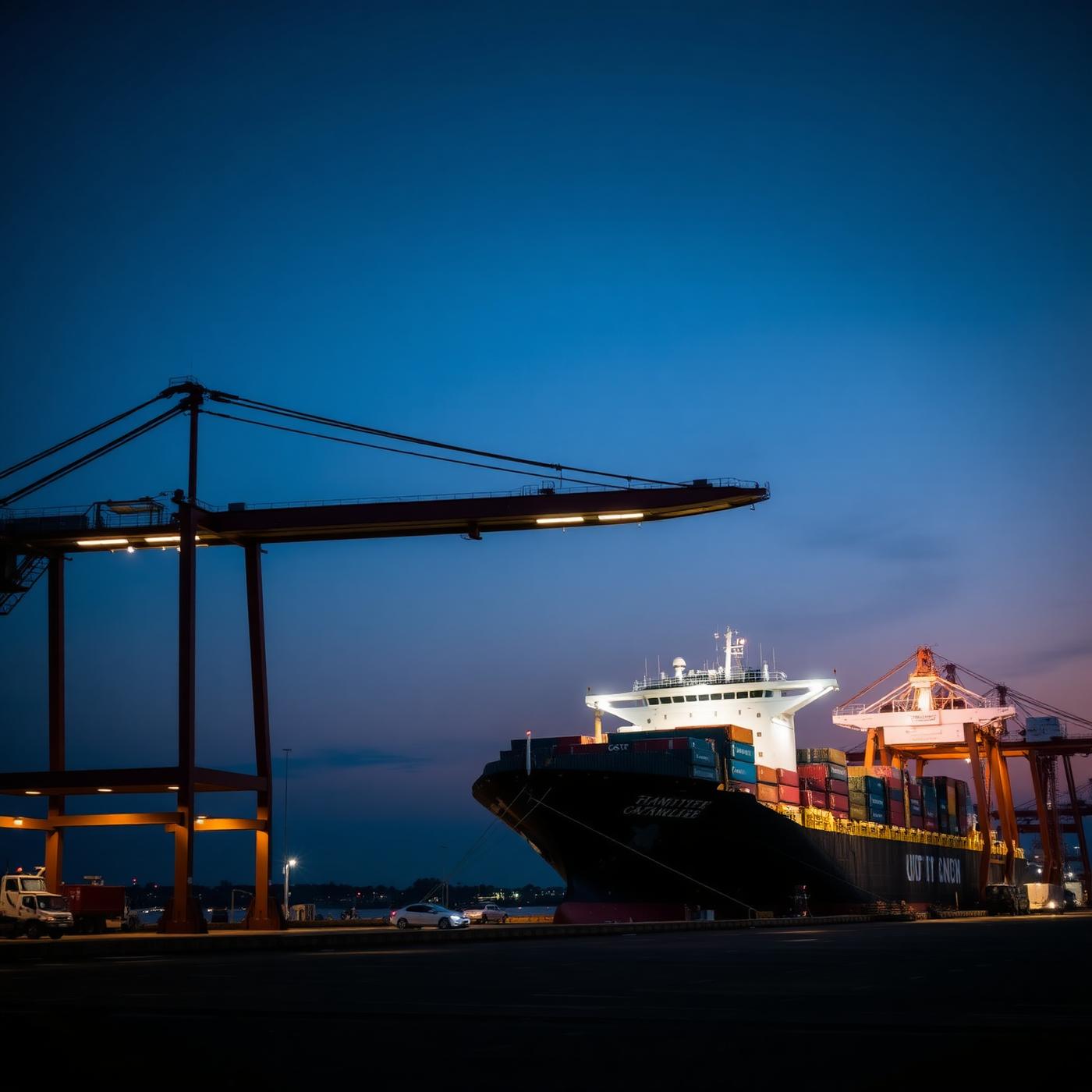 Porto internacional com guindastes e navio cargueiro ao entardecer